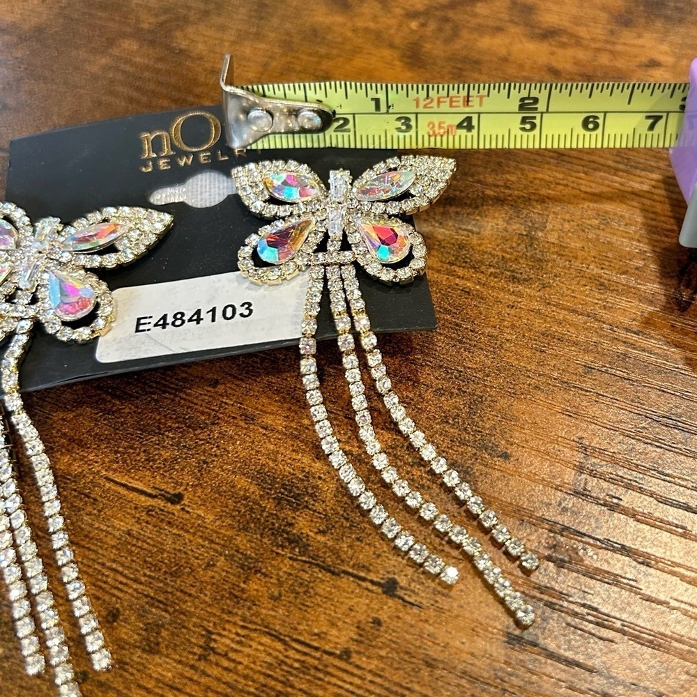 NWT nOir Iridescent Crystal Butterfly Clear Rhinestone Dangle Statement Earrings - Picture 5 of 5